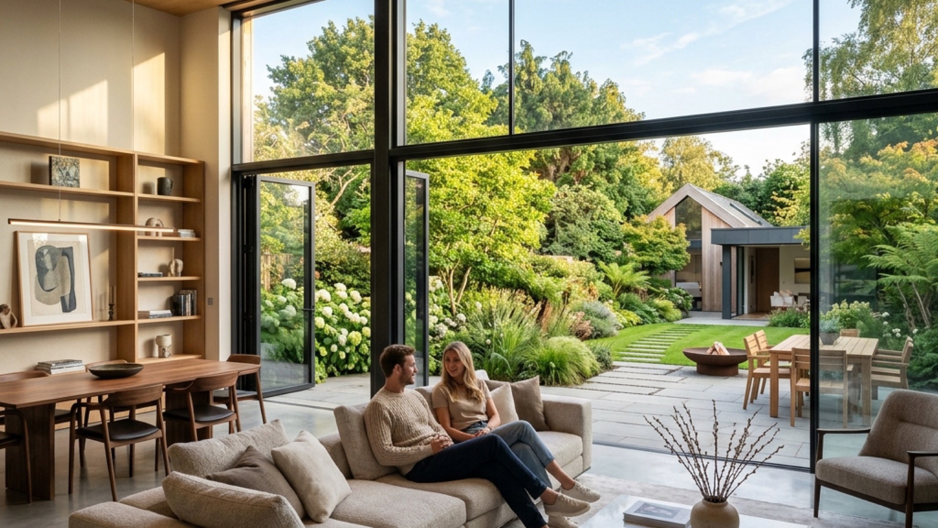 Luxury house interior with garden view